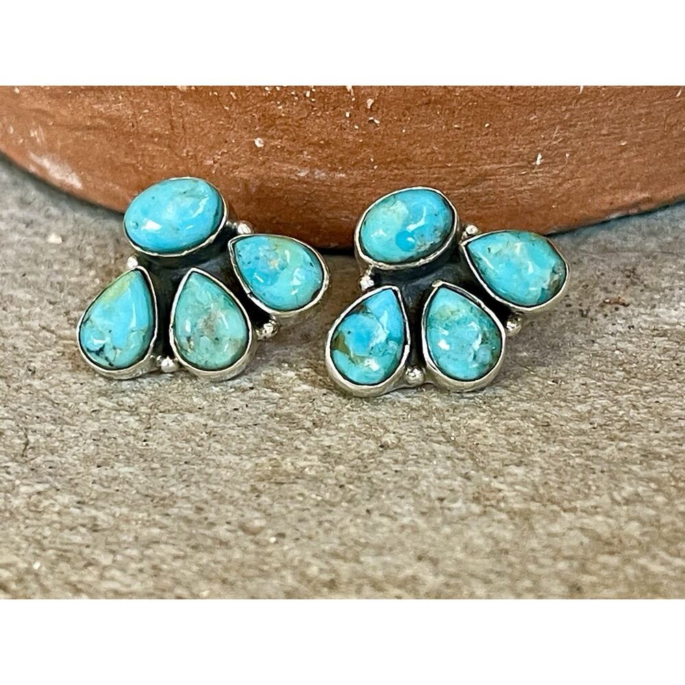 Native American Style Sterling Silver Turquoise Cluster Earrings Southwest Boho - Picture 2 of 9